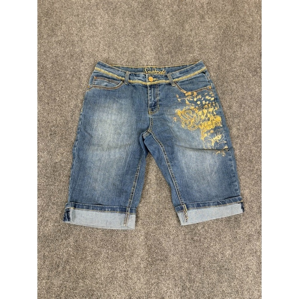 SOUTHPOLE Denim Jean Shorts Womens Dark Wash Blue Stretch Embroidered Size‎ 14